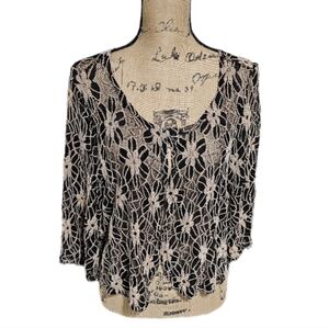 Haani Woman Black Tan Floral Lace‎ Cropped Cardigan 3/4 Sleeve Plus Sz 2X 8095LX